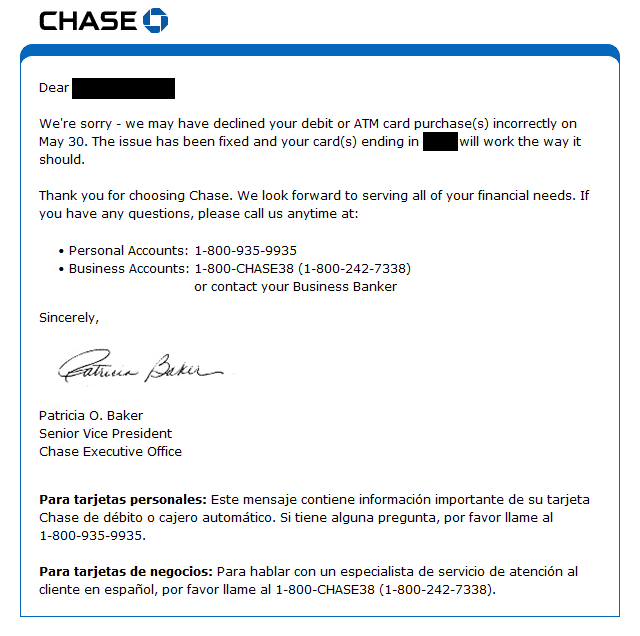 Chase bank bad apology false decline