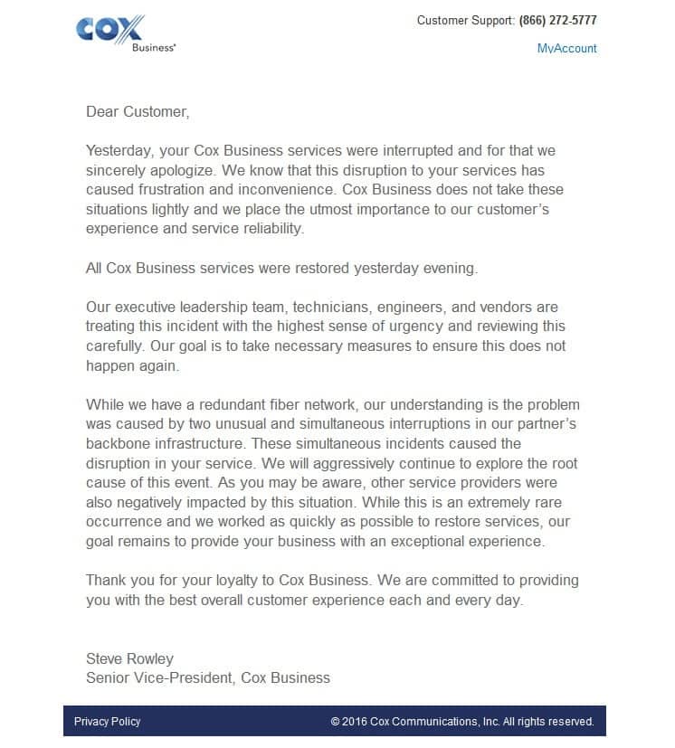 Cox business customer outage notification good example